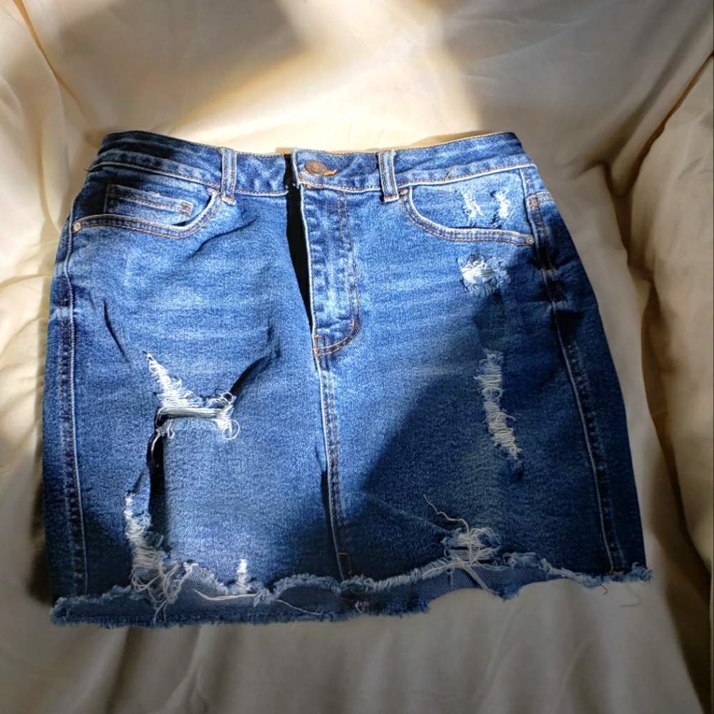 Wax jean distressed denim micro mini skirt